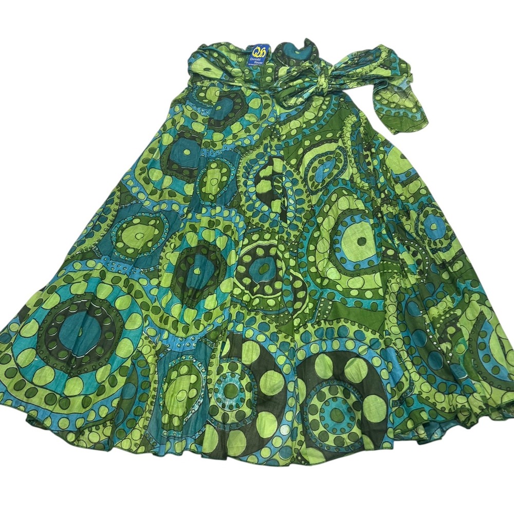 NWT Qureshi House Maxi Skirt M Green Teal BOHO Flowy 100% Cotton Tie Sash     t
